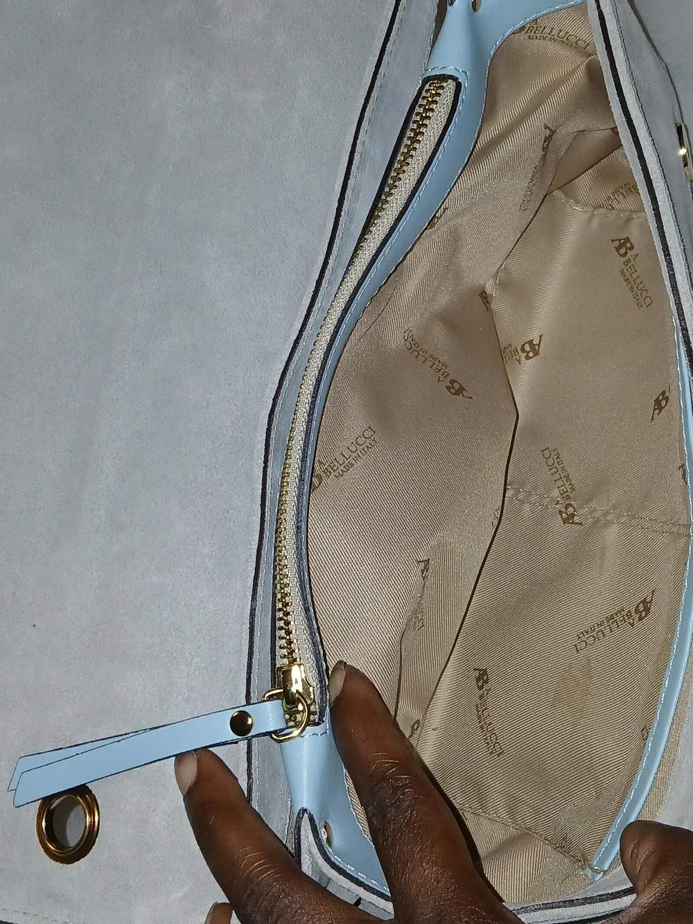 A. Bellucci Two-Tone Light Blue/Gray Leather and Sued Chain Shoulder Bag